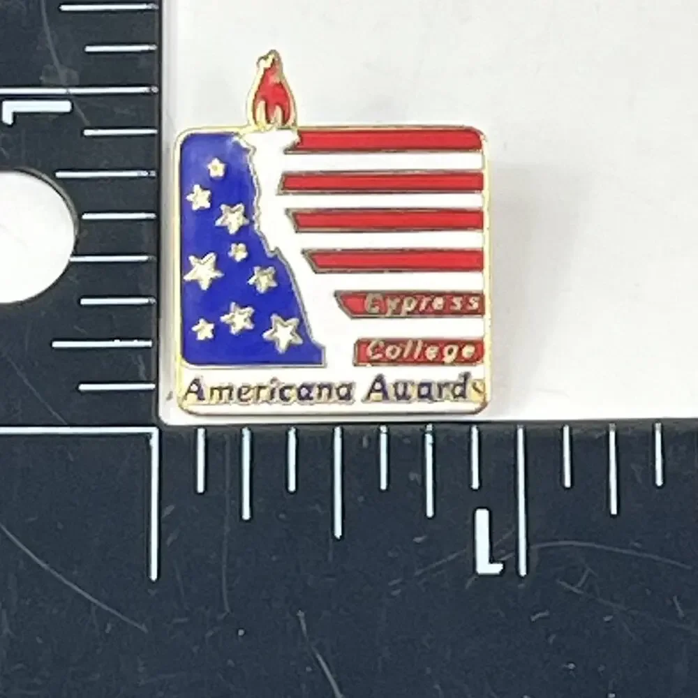 Cypress College Americana Award Pin Enamel Red White Blue Flag Torch Lapel Badge